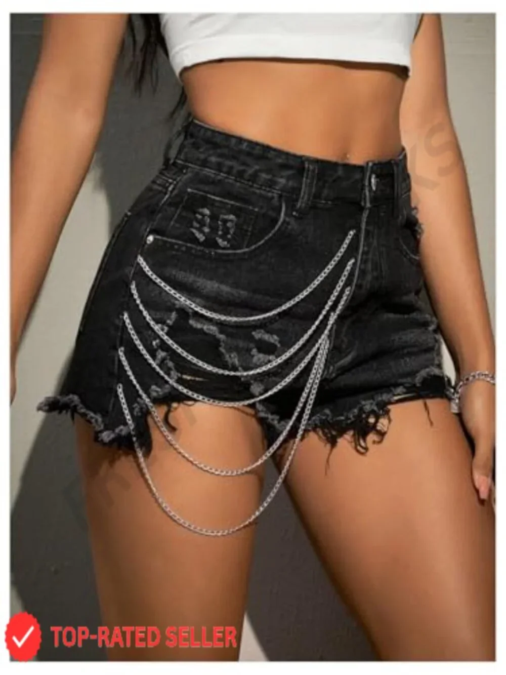 Y2K Ripped Chain Raw Hem Grunge Punk Denim Shorts High Waisted Streetwear Mini